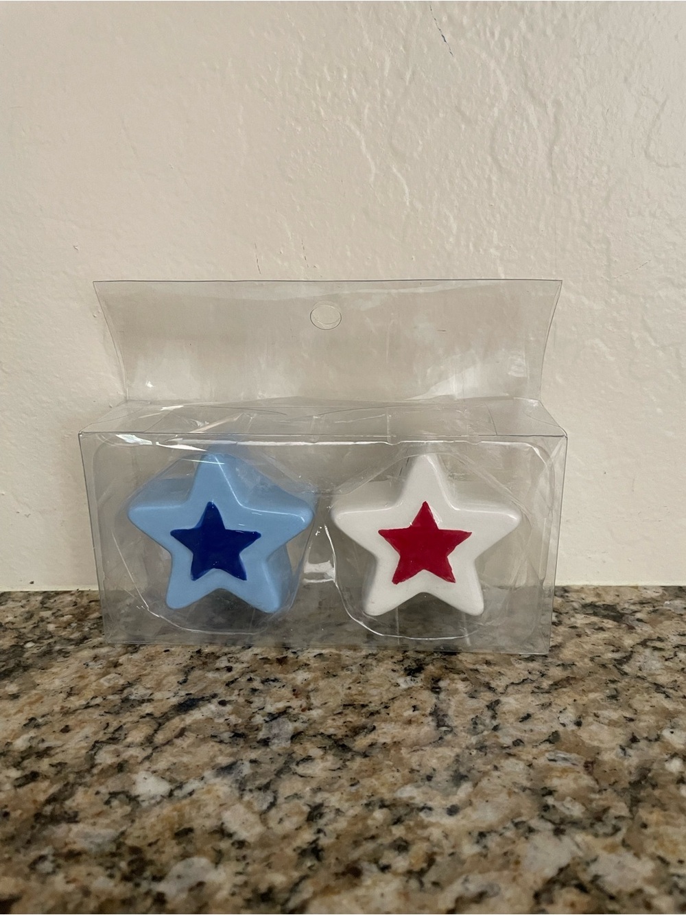 Star Shaped Salt & Pepper Set in Blue & White Stars with Red and Navy Centers